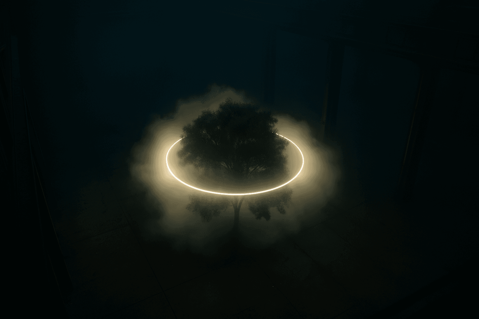 Threshold 2.0 — LED ring encircling a tree in fog